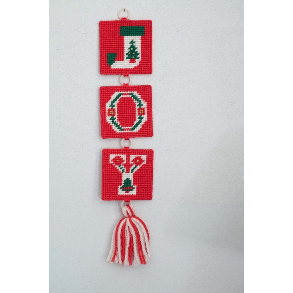 Joy Needlepoint Christmas Wall Hanging Decor Vintage Seasonal Wall Door Decor